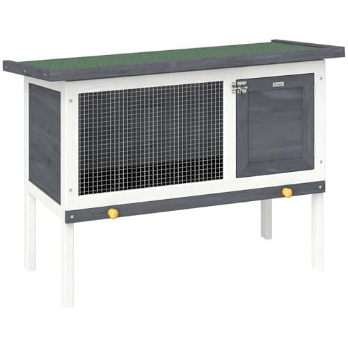 Image of PawHut Wooden Rabbit Hutch, Guinea Pig Hutch with Openable Asphalt Roof and Pull-Out Tray, Outdoor Elevated Bunny House for Rabbits, Chinchillas and Small Animals, Indoor Outdoor Use, Grey