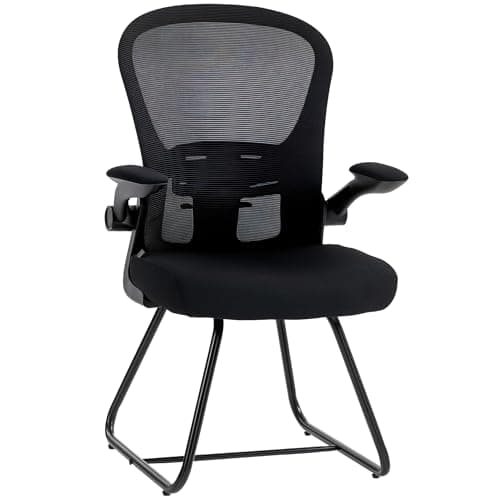 Image of HOMCOM Reception Chair, Conference Meeting Office Chair with Flip-up Armrest, Mesh Backrest, Lumbar Support and Metal Base for Waiting Room Home Office, Black