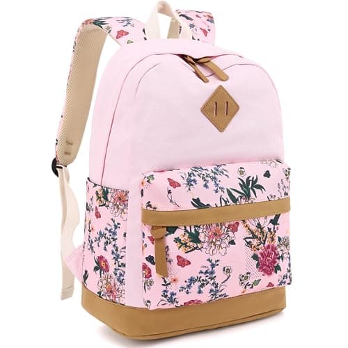Image of Leaper Cute Floral Canvas School Backpack for Kids Girls Casual Shoulder Bag Satchel Daypack Pink