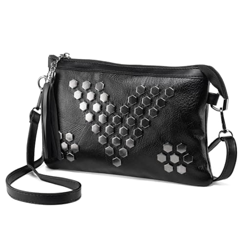 Image of LaRechor Studded Cross body Bag - Soft Leather Small Womens Across Body Bag - Ladies Handbag Clutch with Hand Strap Black