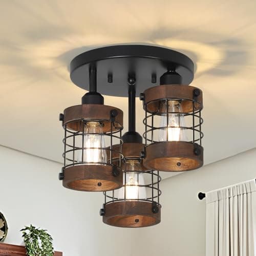 Image of Rayofly Farmhouse Wood Ceiling Light, 3-Light Vintage Ceiling Lights Living Room, Rustic Kitchen Lights Ceiling, Semi Flush Light Fixtures with Wooden Lampshade, Black Chandelier for Bedroom, Hallway
