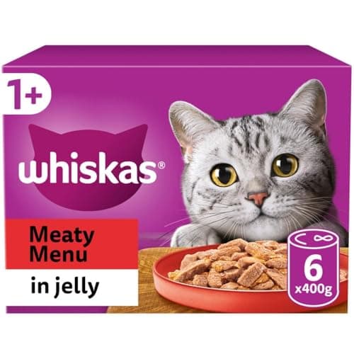 Image of 48 x 400g Whiskas 1+ Adult Wet Cat Food Tins Mixed Meaty Menu in Jelly