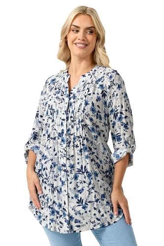 Image of Yours Curve Blue Floral Sequin Pintuck Blouse - Women's - Plus Size Curve