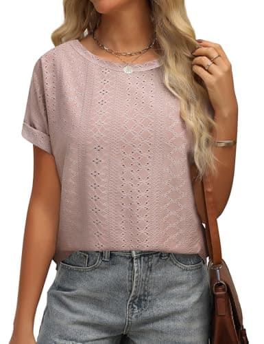 Image of Niwicee Womens Tops Summer T Shirts for Women Hollow Short Sleeve T-Shirt Casual Crew Neck Shirts Tee Blouse Tops S-XXL(Pink,XL)