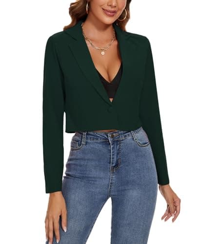 Image of MINTLIMIT Cropped Blazer for Women Long Sleeves Suit Jackets One Button Trendy Fashionable (Dark Green XL)