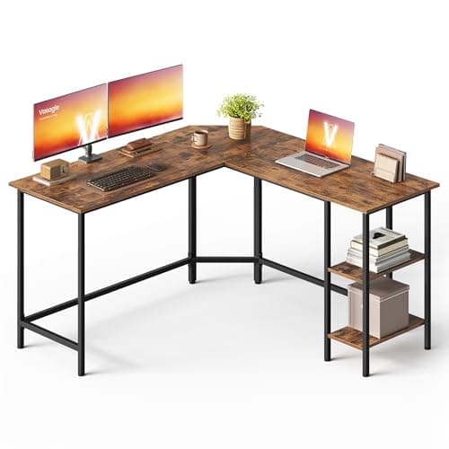 Image of VASAGLE Computer Desk, L-Shaped Corner Desk, Gaming Desk, Workstation with 2 Storage Shelves for Home Office, Space-Saving, Easy to Assemble, Rustic Brown and Black LWD72X