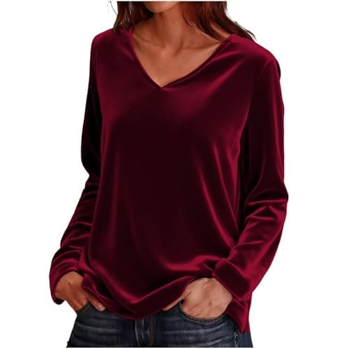 Image of Velvet Tops for Women UK Casual Long Sleeve Sweatshirt Loose V Neck Vintage Blouses Cozy Soft Longline Tunic Top Ladies Elegant T Shirts Warm Sweater Club Work Cocktail Christmas Party Club 16 Wine
