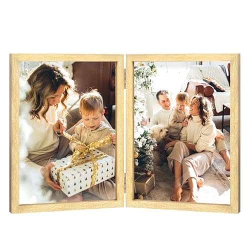 Image of Double Photo Frame 4x6 Hinged Folding Wood Picture Frame with Glass Front Stand Vertical on Desktop Gold