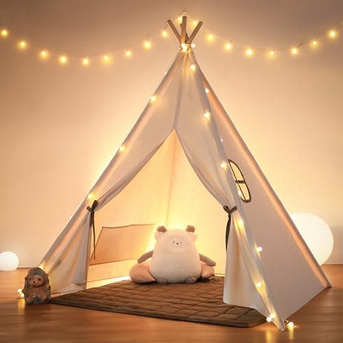 Image of besrey Toddler Teepee Tent for Kids, Kids Play Tent with Padded Mat & Lights, Cotton Playhouse for Boys & Girls, Cozy Tipi Tent, Children's Play Tents in beige