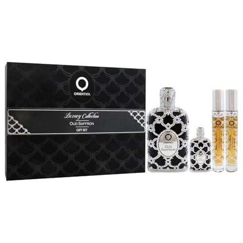 Image of Orientica Oud Saffron 4 Pc Gift Set Eau De Parfum - Oriental, Vanilla, Saffron, Woody, Patchouli, Musk, Agar Wood - Arabic Perfume for Men & Women - (2.7oz, 2x10ml spray & 7.5ml splash)