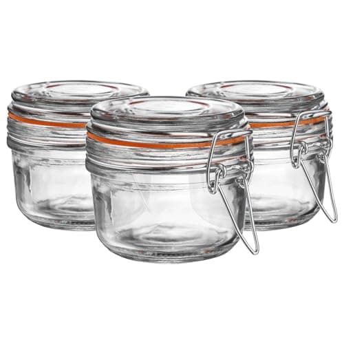 Image of Argon Tableware Glass Spice Jars with Airtight Metal Clip Lid - 125ml/4.2oz - 3 Pack - 4 Colour Seals - Small Kitchen Storage Container Round Preserving Jar for Spice, Seasoning