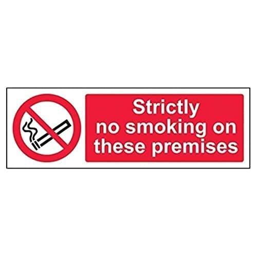 Image of V Safety 57011AX-R Strictly No Smoking On These Premises Prohibition Sign - Landscape - 300mm x 100mm - 1mm Rigid Plastic, Black/Red