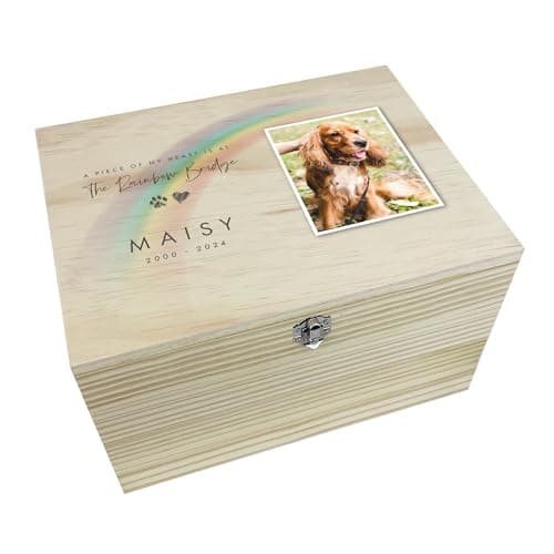 Image of Personalised Wooden Pet Memorial Rainbow Bridge Photo Keepsake Box | Customisable Bereavement Gift for Dog or Cat Remembrance Memorial | Pine Wood with Metal Hinges and Clasp | W20 x D15 x H11cm