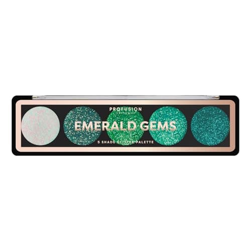 Image of Profusion Cosmetics 5 Shade Glitter Eyeshadow Palette - Vibrant Pressed Pigments with Built-In Primer and Dazzling Shine for Long-Wearing Sparkle Makeup Looks (Emerald Gems)