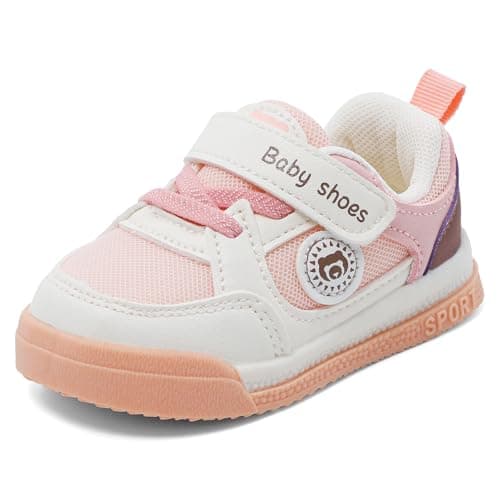 Image of MASOCIO Baby Shoes Girls First Walking Shoes Pre Walkers Toddler Soft Sole Trainers Infant 12-18 Months Size 4 UK Child White Pink