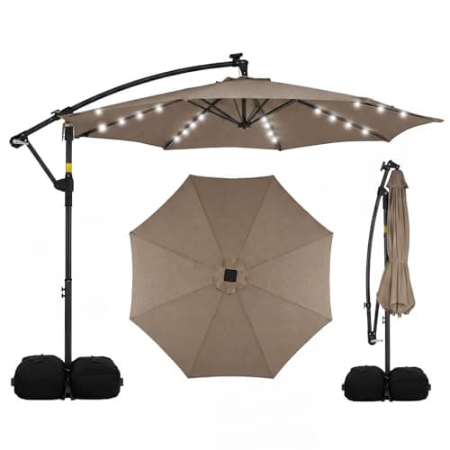 Image of COSTWAY 2.9M/3M Garden Cantilever Parasol, Outdoor Offset Banana Hanging Umbrella with LED Lights, Crank Handle and 360° Rotation, Water-proof Sun Shade Canopy (3M, Brown, with 32 Lights)