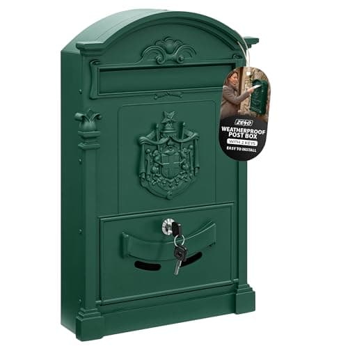 Image of ZENO Letter Box Wall Mounted | Postbox | Large Traditional Post Box Mailbox | Post Letter Box for Home | Vintage Classic Mail Box with 2 Keys | Easy to Install | Keep Your Mail Safe (Green)