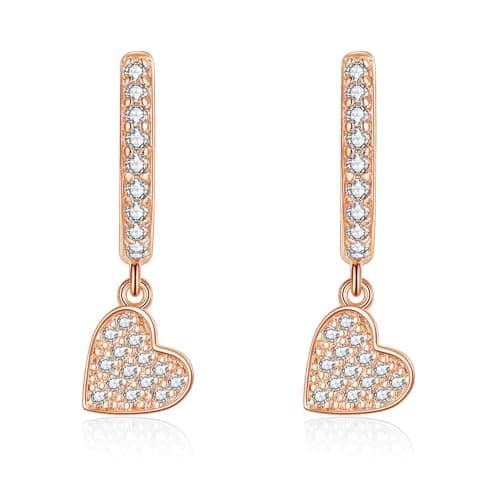 Image of Zolkamery Silver Hoops Earrings for Women, 925 Sterling Silver Dangling Hoop Earrings with Heart Pendant, Hypoallergenic Huggie Drop Earrings with Zirconia, Rose Gold Dangle Earrings for Party Daily