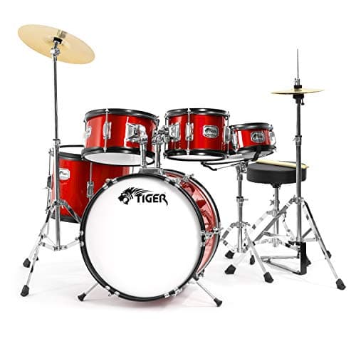Image of TIGER JDS14-RD 5-Piece Junior Drum Kit Set for Kids with Snare, Toms, Bass Drum, Bass Drum Pedal, Hi-Hat and Crash Cymbals, Throne and Sticks - Red
