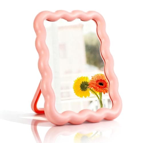 Image of Abeillo Wave Shaped Pink Mirror for Desk, Vanity Makeup Mirror for Women Girls, Portable Folding Table Mirrors for Standing Hanging Room Decor Home Decoration (6.7X5.3 Inch)