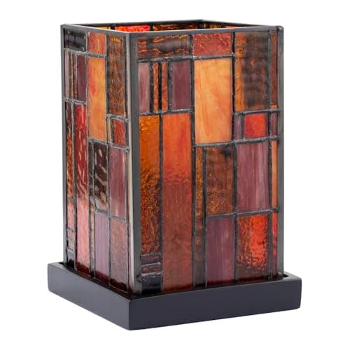 Image of Happy Homewares Designer Art Deco Tiffany Glass Table Lamp in Orange and Dusty Red | 20cm x 13cm | Matte Black Resin Base with Inline Switch