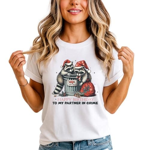 Image of Raccoons Happy Birthday to My Partner in Crime Christmas Womens Graphic T-Shirt Festive Animal Tee 5XL (34-36) White