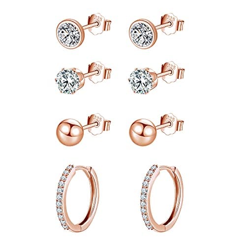 Image of wynn's Rose Gold Earrings for Women, 925 Sterling Silver Stud Earrings, Cubic Zirconia Small Sleepers Studs Hoops Earrings, 4mm Stud Earrings + 12mm Hoop Earrings, Rose Gold Earrrings set