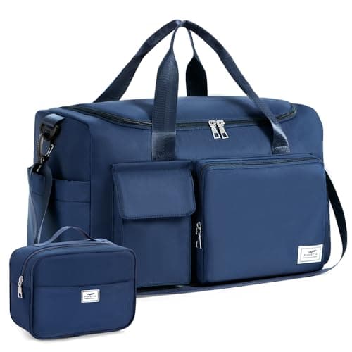 Image of FIORETTO Womens Mens Sports Gym Bag Duffle Bag with Shoes Compartment, Weekend Travel Bag Overnight Bag for Women, Foldable Water Resistant Holdall Hospital for Swimming with Toiletry Bag Navy
