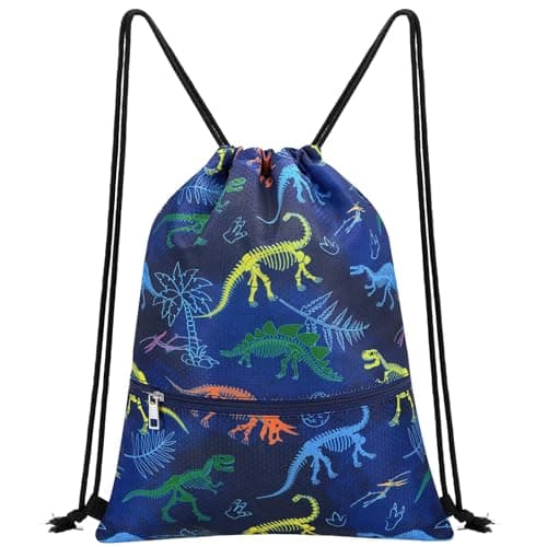 Image of WAWSAM Dinosaur Drawstring Bags for Kids - Gym DrawString Bag for kids Swim Bag Boys Sports Draw String Bag Waterproof Beach Sport Gym String Bags with Zipper Pocket Cinch Backpack for Boys