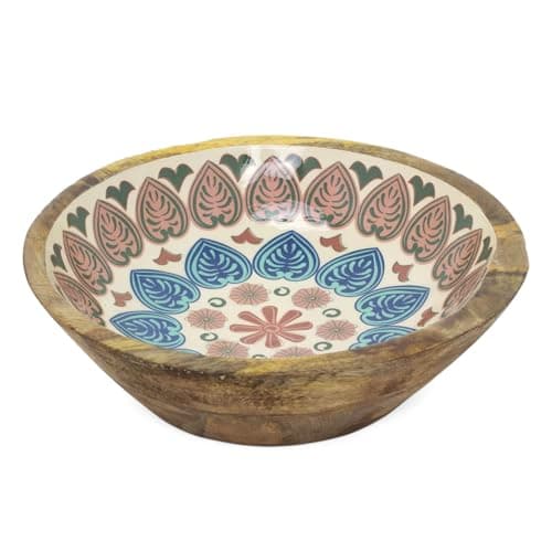 Image of Carousel Home Meze Wooden Enamel Bowl | Moroccan Inspired Mango Wood Salad Bowl | Handcrafted Large Decorative Serving dish - 25cm