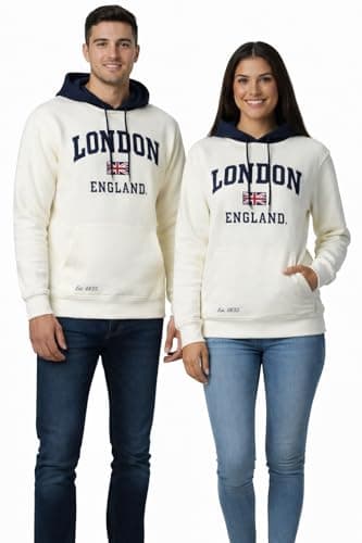 Image of GWCC LE129 Unisex London England Applique Embroidery Crossover Hooded Sweatshirt Hoodie Off White Navy Colour XS to 4XL (UK, Alpha, M, Regular, Regular, Off White)