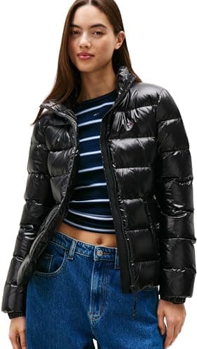 Image of Tommy Jeans Women’s Slim Zip Print Down Water Repellent Puffer Jacket, Black (Black), M