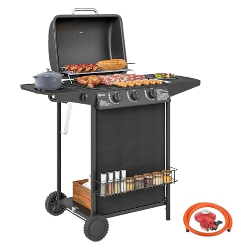 Image of Outsunny 3+1 Burner Gas BBQ Grill with Built-in Thermometer, Lid, Portable Gas Barbecue Grill with Side Table, Shelf, Spice Rack, Wheels, Grease Cup for Garden Party Outdoor Cooking, Black