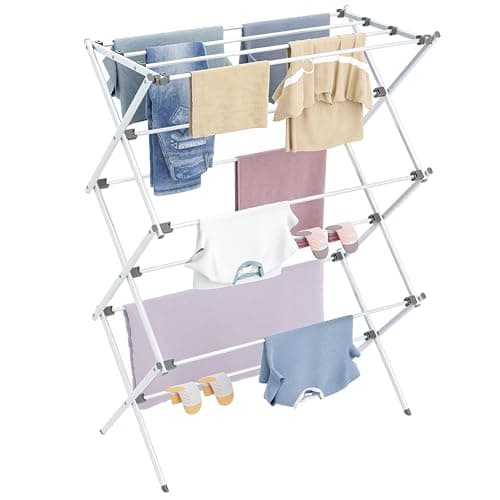 Image of HOMIDEC Clothes Airer,3-Tier Foldable Clothes Horse,Clothes Drying Rack with 11 Thickened Poles Bearing Weight 20kg,Space Saving Clothes Dryer for Indoor Outdoor.White&Grey（73 * 37 * 115cm）