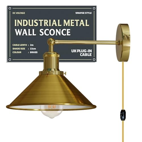 Image of DC VOLTAGE Plug in Wall Lights E27 Metal Fixture with 22cm Yellow Brass Cone Lamp Shade, 2m Cable and Dimmer Switch Industrial Indoor Retro Modern Bedside Reading Lamp