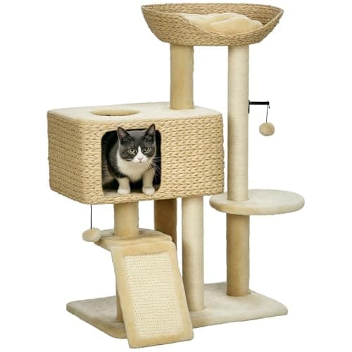 Image of PawHut 95cm Cat Tree Tower w/Scratching Post, Cat House, Ball, Platform - Beige