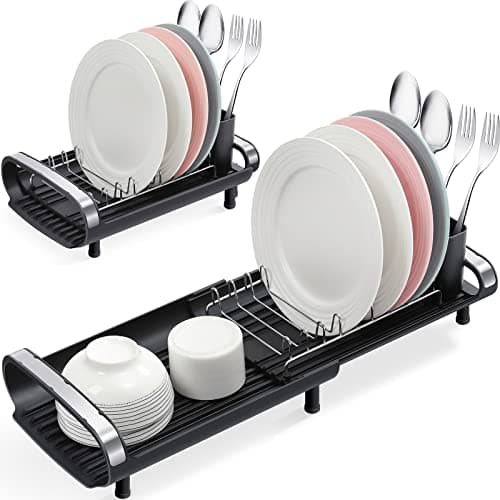 Image of Small Dish Drainer, Expandable Dish Drainer Rack, Dish Rack With Removable Cutlery Holder, Anti Rust Small Sink Drainer, Expandable Draining Board Rack For Kitchen Counter, Black