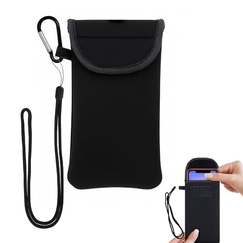 Image of Jyinelx 1PC Neoprene Phone Pouch Protects,Universal Mobile Phone Case,Shock Phone Sock with Carabinas and Neck Lanyards Straps,Mobile Sleeve Bag for Hiking Travelling,Black