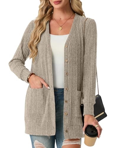 Image of GRECERELLE Womens Long Cardigans Open Front Ladies Lightweight Ribbed Cardigan Casual V Neck Jackets with Pockets for Women UK,Spring, Summer, Autumn (Beige, M)