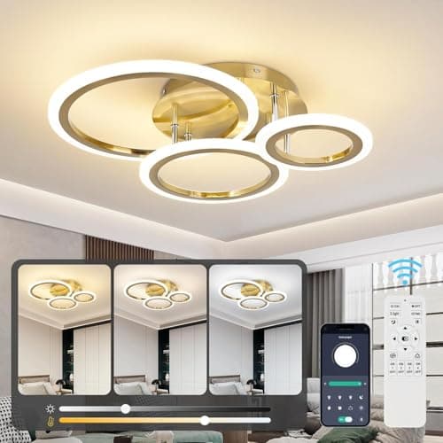 Image of EIDISUNY Modern Led Dimmable Ceiling Light, 3 Circle Gold Ceiling Lights with Remote Control, 3000K-6500K, 3 Circle Modern Led Ceiling Lights Fixture for Living Room Dining Room Bedroom Kitchen - 35W