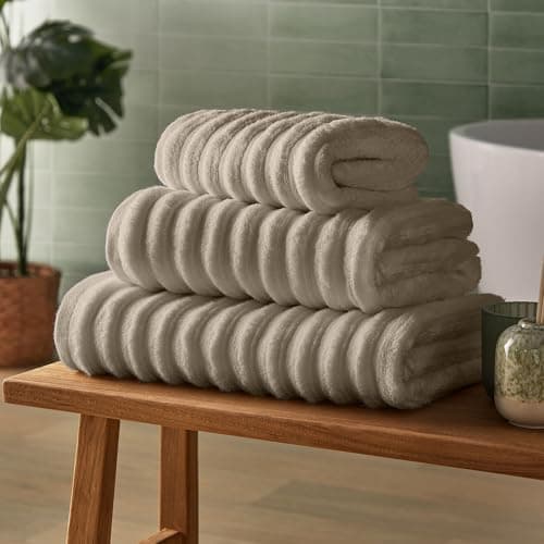 Image of Silentnight Ribbed Cotton Bath Sheet - Luxuriously Soft & Super Absorbent Deep Thick Pile Towel - 100% Cotton BCI - Textured Dense Ribbed Bath Sheet - 160 x 90cm - Machine Washable, Natural