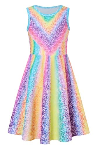 Image of RAISEVERN Girl Dress Sequin Summer Dresses Party Beach A-Line Casual Sundress Rainbow, XL, 10-13 Years