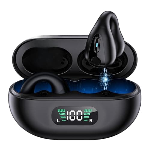 Image of Bone Conduction Headphones, Wireless Headphones ,Clip On Bluetooth 5.3 Ear Buds, Open Ear Headphones Waterproof Noise Cancelling Built-in Mic HIFI Sound Earphones with LED Display Charging Case(Black)