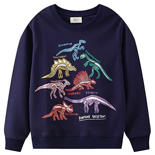 Image of Boys Dinosaur Sweatshirt Jumper Kids Crewneck Long Sleeved Tops 100% Cotton T-Shirts Toddler Clothes for Age 6-7 Years