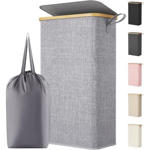 Image of Lifewit 75L Slim Laundry Basket with Lid, Narrow Laundry Bin with Removable Bag & Bamboo Handles, Foldable Thin Dirty Clothes Hamper for Laundry, Bathroom, Bedroom, Dorm (Grey)
