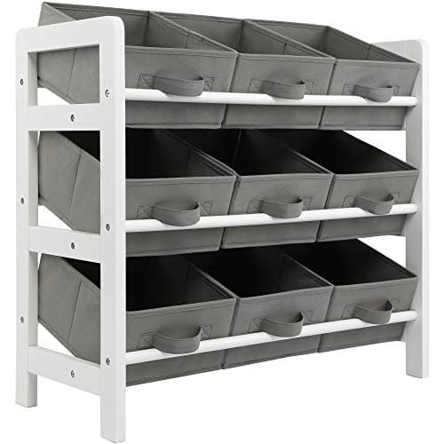 Image of Charles Jacobs 3 Tier Toy Storage Unit with 9 Fabric Boxes for Kids Bedroom (Grey)