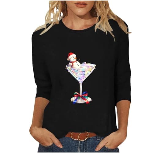 Image of NSICBMNO Black Christmas Jumpers for Women Plus Size Funny T Shirts, 3/4 Sleeve Tops Round Neck Blouses, Christmas Wine Glass Jumper Snowman T Shirt, Rude Ugly Xmas Jumpers Tunic Pullover, 5XL