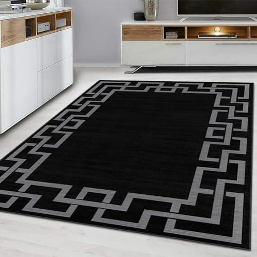 Image of Hafaa Rugs for Bedroom - Area Rugs Living Room 120 x 170 Cm Greek Key Style Modern Floor Carpet Non Shedding Soft Touch Nico Black Rug Easy to Clean