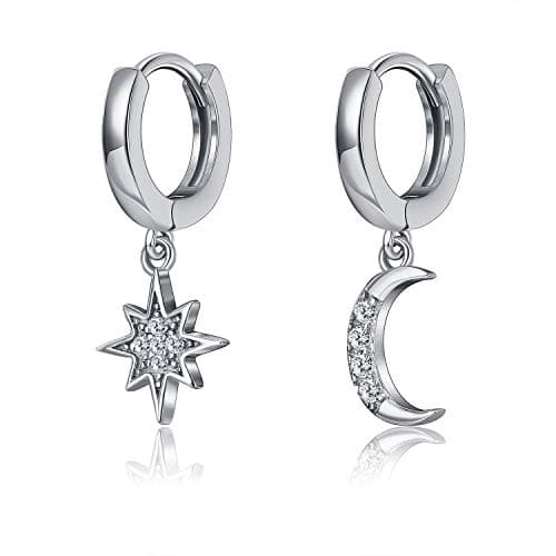 Image of Womens Moon Star Dangle Small Hoop Cubic Zirconia Earrings Girls Sterling Silver Crystal Asymmetrical Snowflake Crescent Drop Mini Cartilage Clip Jewelry Delicate Birthday Gifts (Silver)