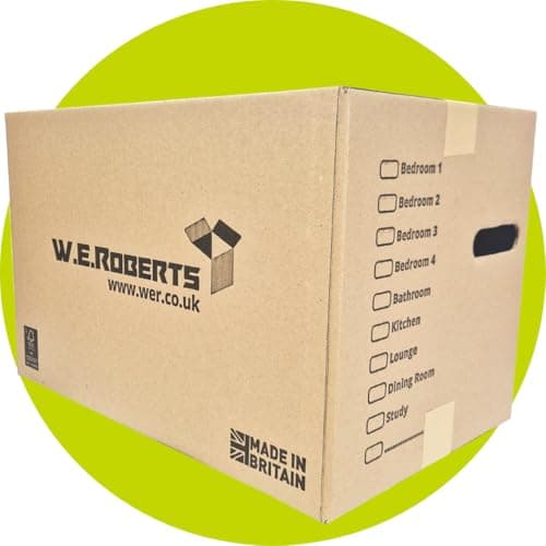 Image of 10 x Moving Boxes LARGE STRONG Cardboard House packing boxes for moving house - Removal Packing boxes with handholes and Room List (Pack of 10)